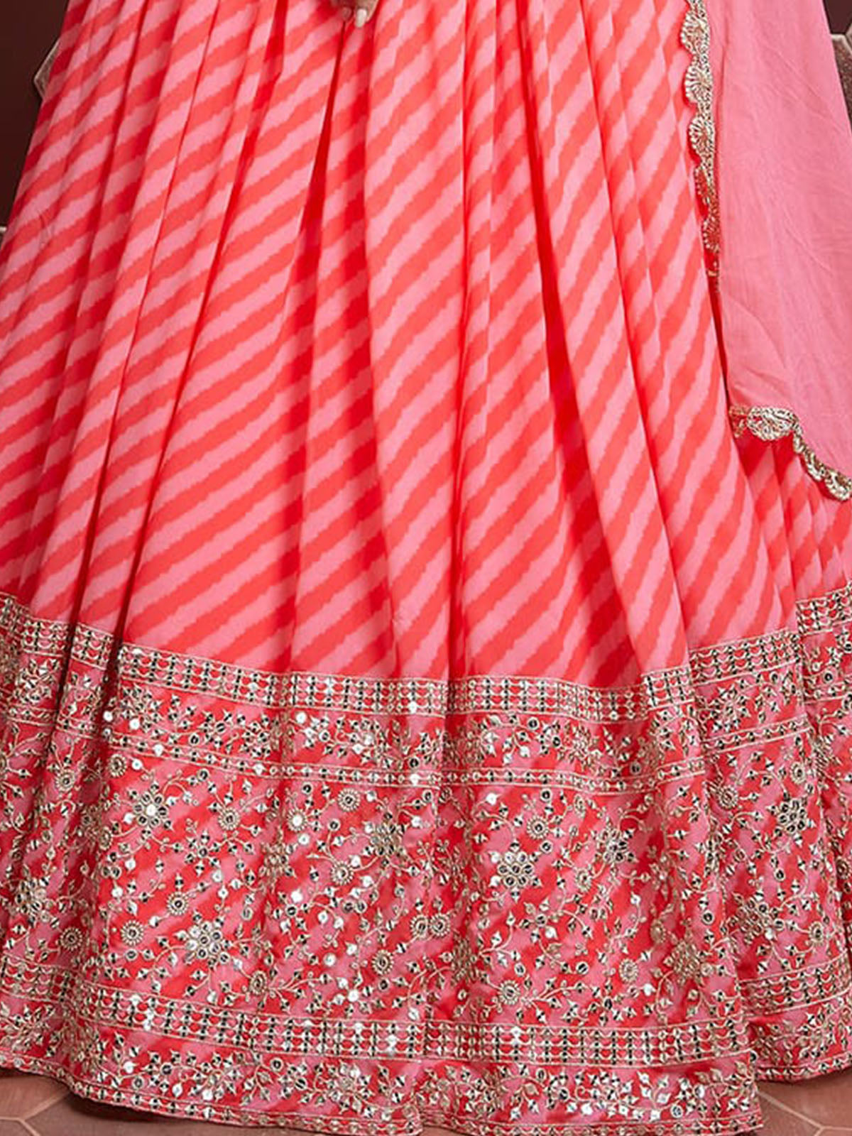 Odette Peach And Pink Organza Silk Embellished Semi Stitched Lehenga With Unstitched Blouse For Women
