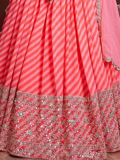 Odette Peach And Pink Organza Silk Embellished Semi Stitched Lehenga With Unstitched Blouse For Women