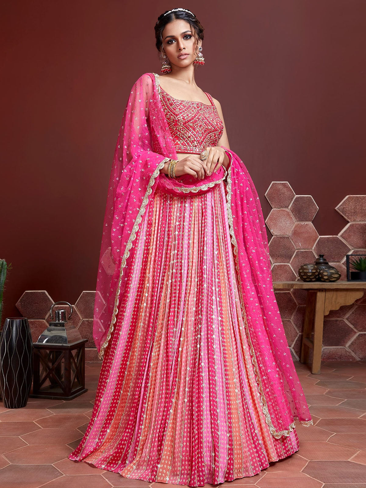 Odette Pink Chinon Silk Embellished Semi Stitched Lehenga With Unstitched Blouse For Women