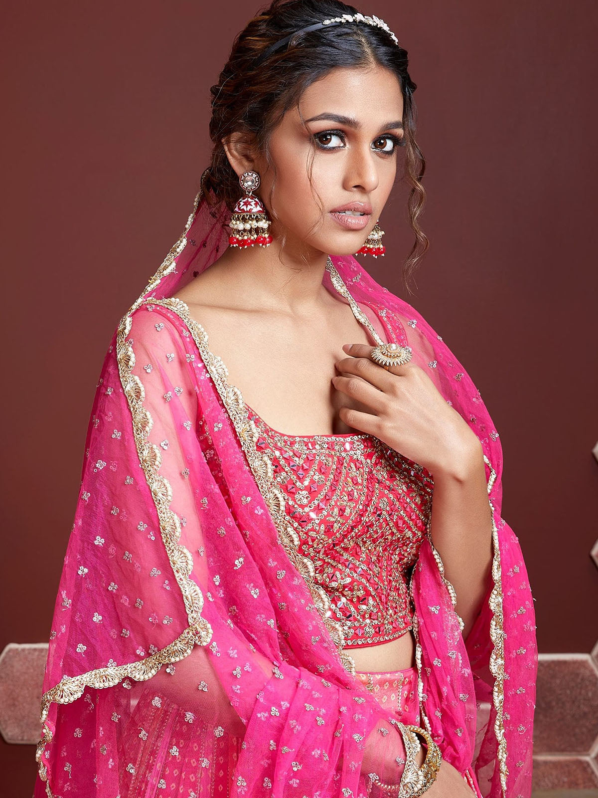 Odette Pink Chinon Silk Embellished Semi Stitched Lehenga With Unstitched Blouse For Women