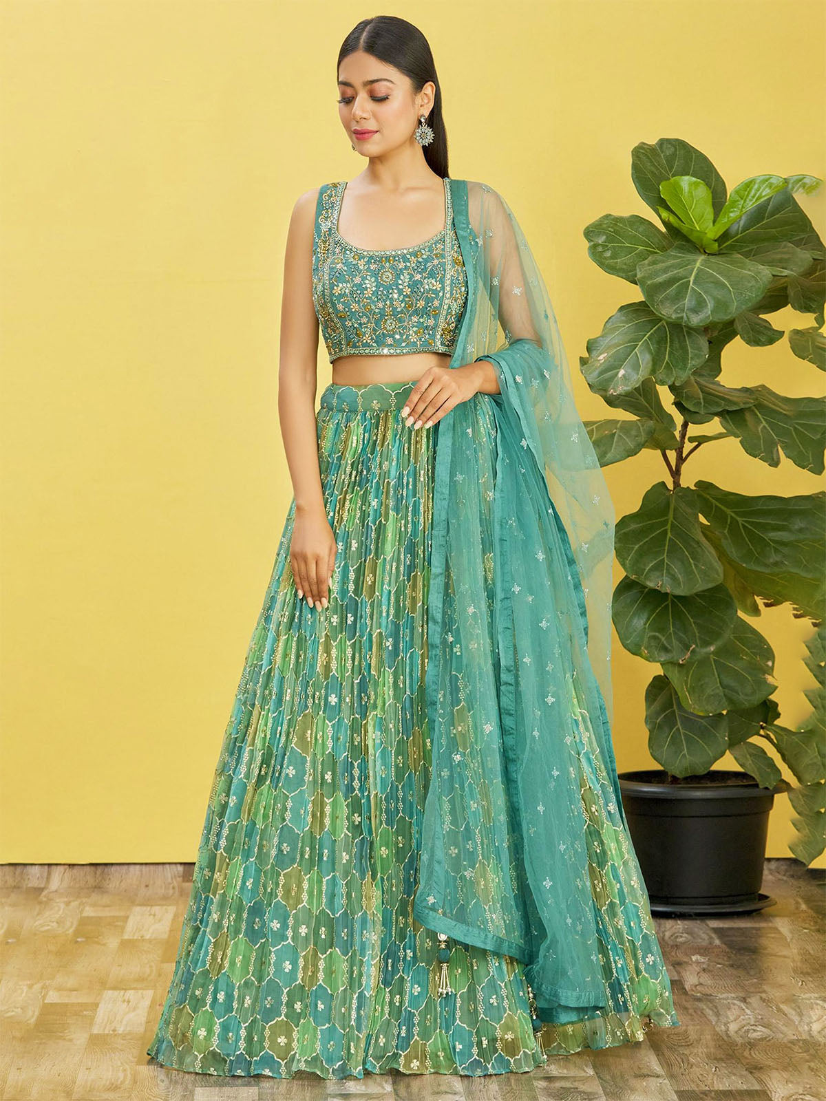 Odette Green Organza Silk Embellished Semi Stitched Lehenga With Unstitched Blouse For Women