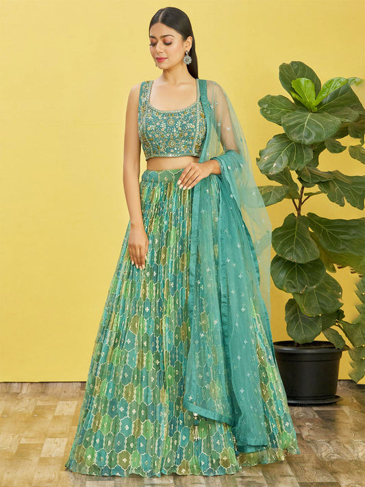 Odette Green Organza Silk Embellished Semi Stitched Lehenga With Unstitched Blouse For Women