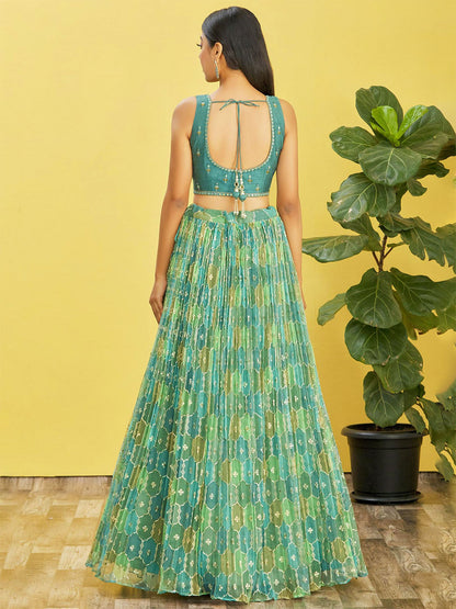 Odette Green Organza Silk Embellished Semi Stitched Lehenga With Unstitched Blouse For Women
