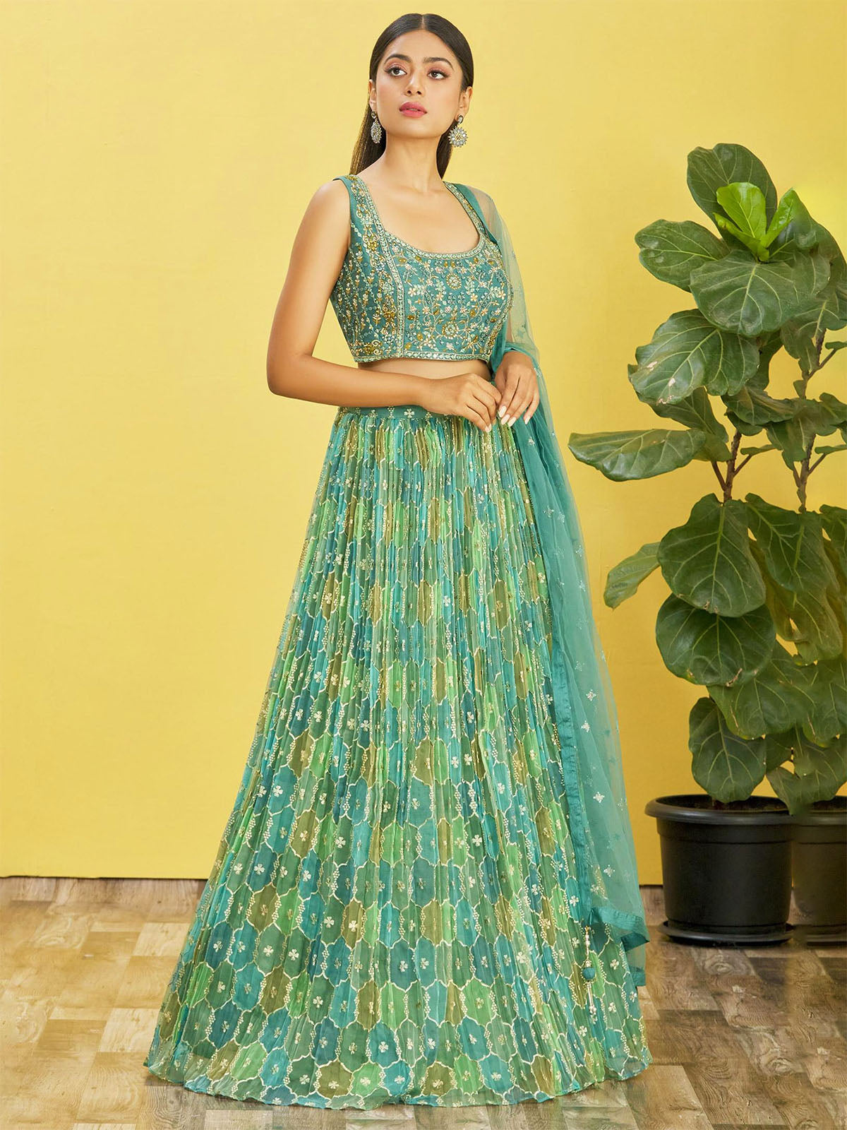 Odette Green Organza Silk Embellished Semi Stitched Lehenga With Unstitched Blouse For Women