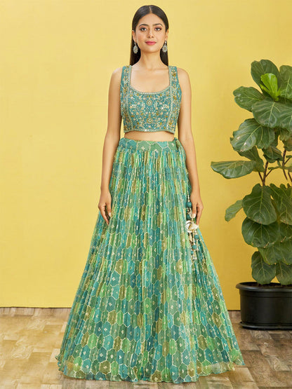 Odette Green Organza Silk Embellished Semi Stitched Lehenga With Unstitched Blouse For Women