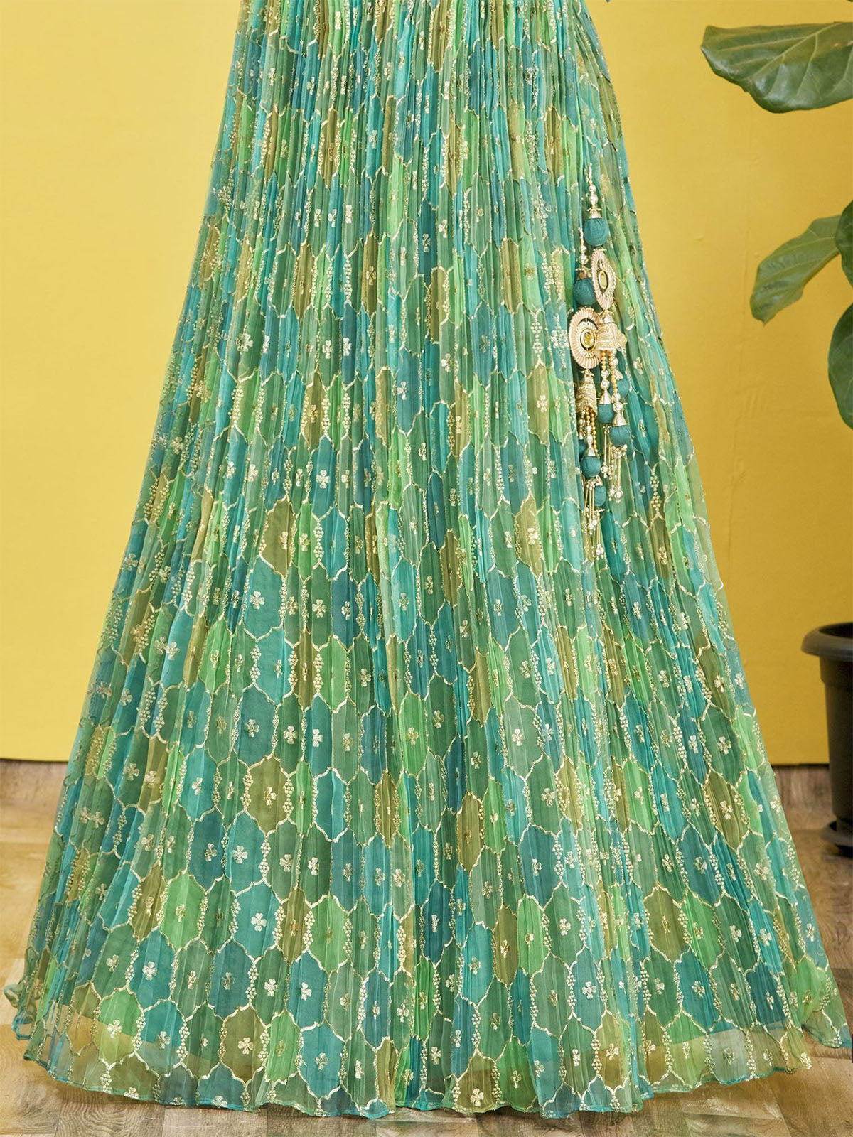 Odette Green Organza Silk Embellished Semi Stitched Lehenga With Unstitched Blouse For Women