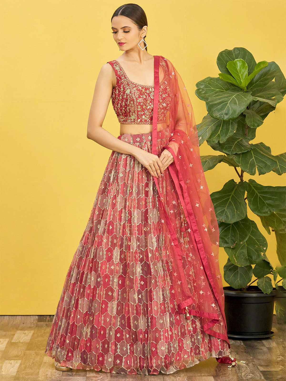 Odette Maroon Organza Embellished Semi Stitched Lehenga With Unstitched Blouse For Women