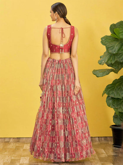 Odette Maroon Organza Embellished Semi Stitched Lehenga With Unstitched Blouse For Women