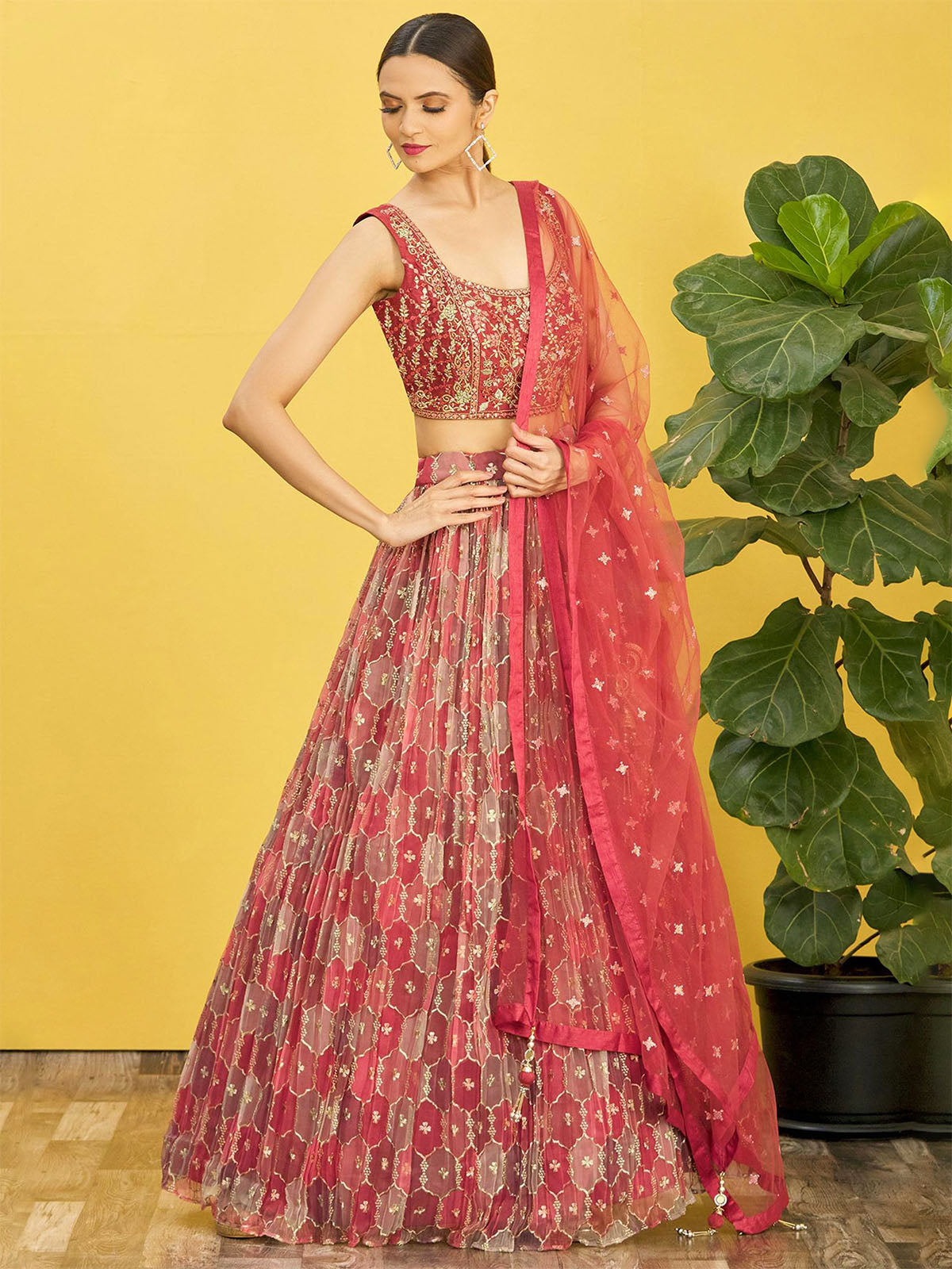 Odette Maroon Organza Embellished Semi Stitched Lehenga With Unstitched Blouse For Women