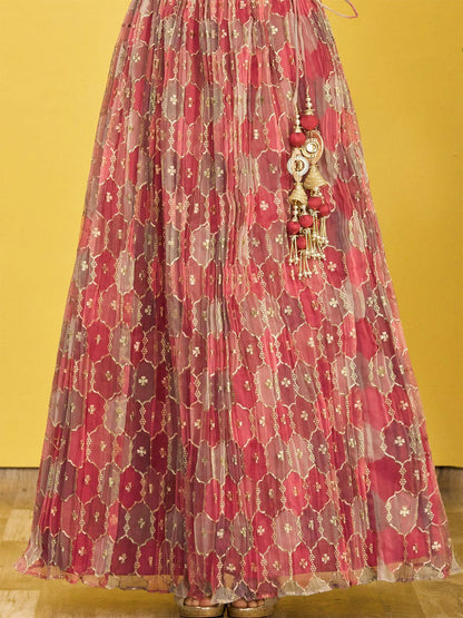 Odette Maroon Organza Embellished Semi Stitched Lehenga With Unstitched Blouse For Women