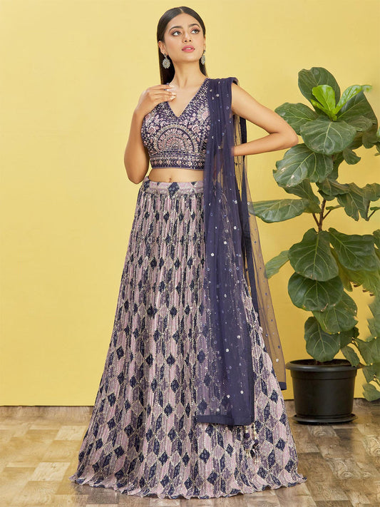 Odette Navy Blue Chinon Embellished Semi Stitched Lehenga With Unstitched Blouse For Women