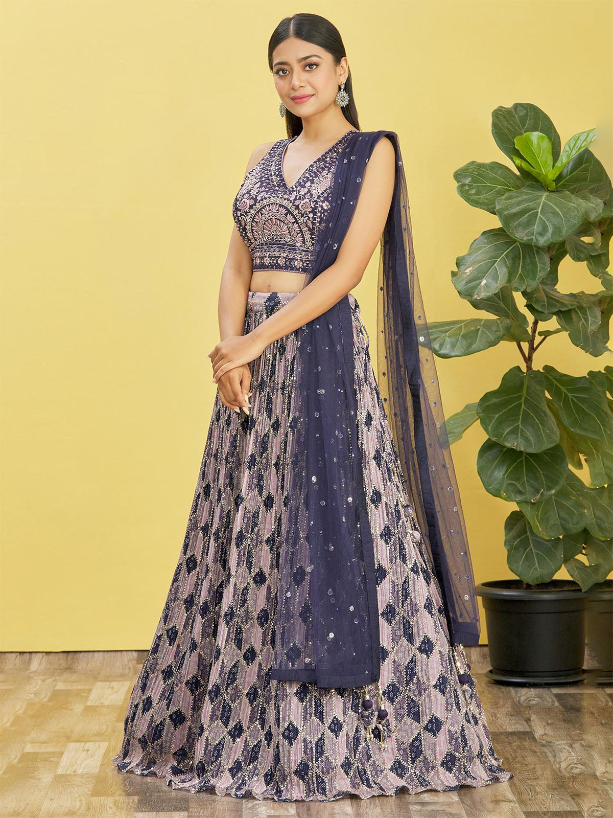Odette Navy Blue Chinon Embellished Semi Stitched Lehenga With Unstitched Blouse For Women