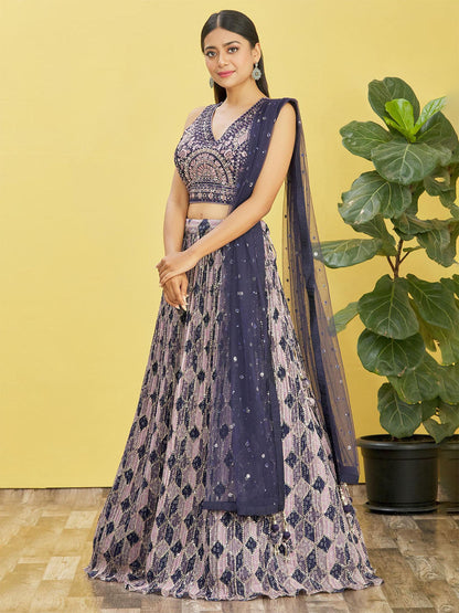 Odette Navy Blue Chinon Embellished Semi Stitched Lehenga With Unstitched Blouse For Women