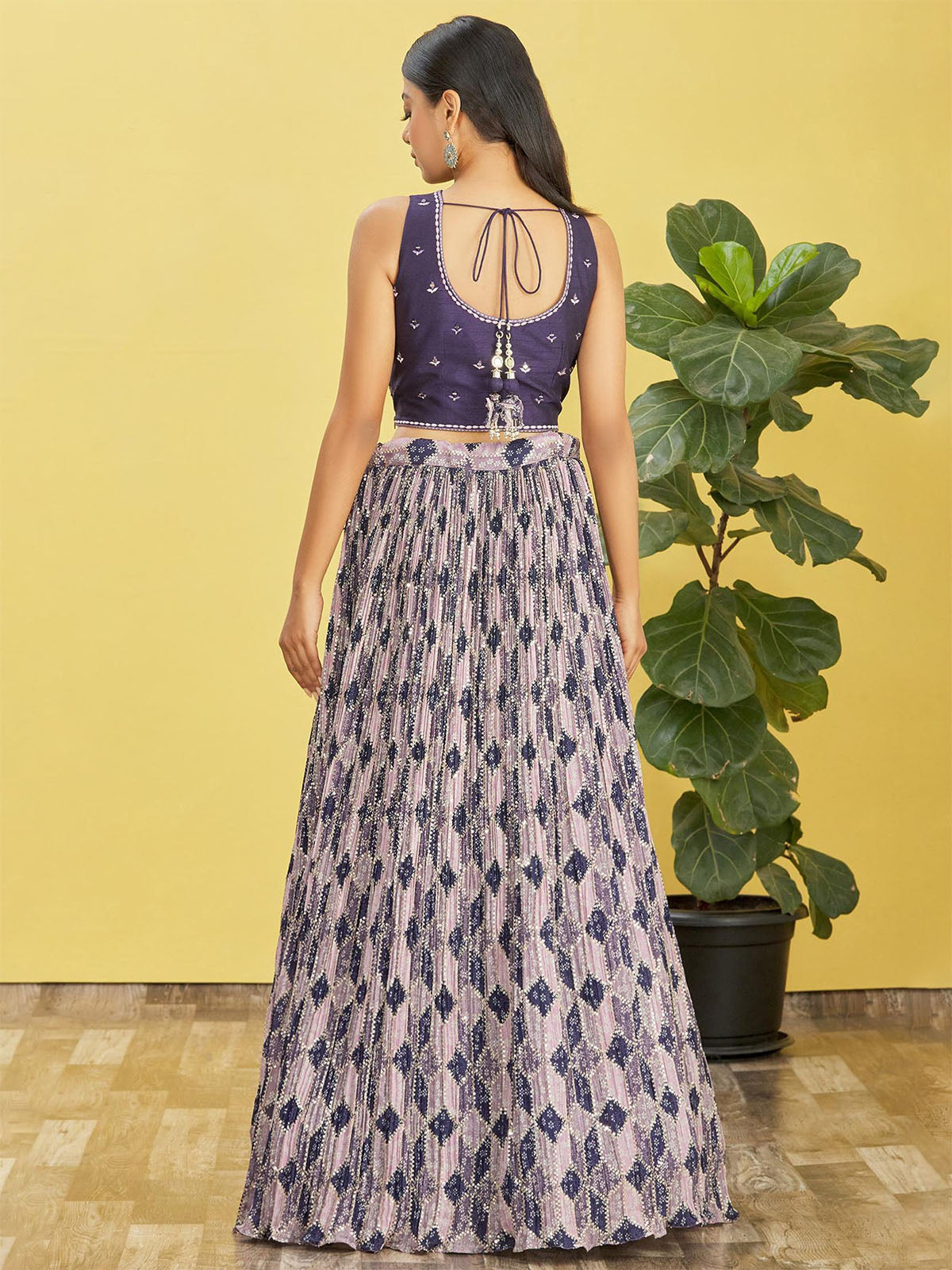 Odette Navy Blue Chinon Embellished Semi Stitched Lehenga With Unstitched Blouse For Women