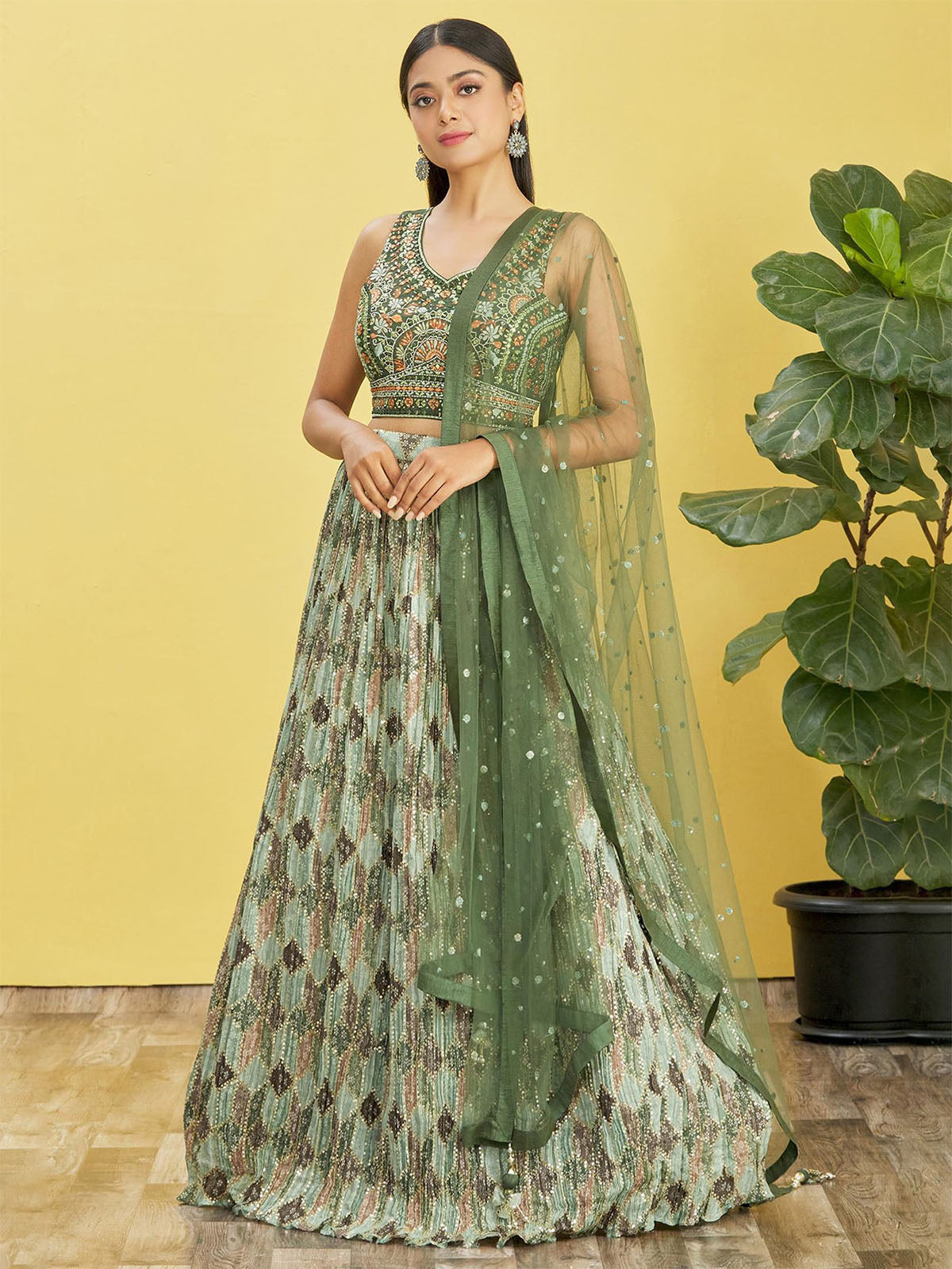 Odette Green Chinon Embellished Semi Stitched Lehenga With Unstitched Blouse For Women