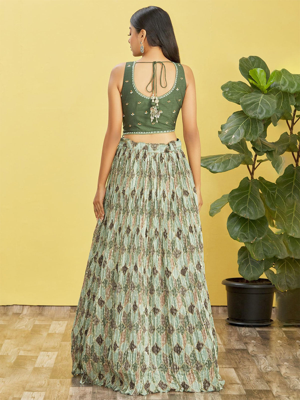 Odette Green Chinon Embellished Semi Stitched Lehenga With Unstitched Blouse For Women