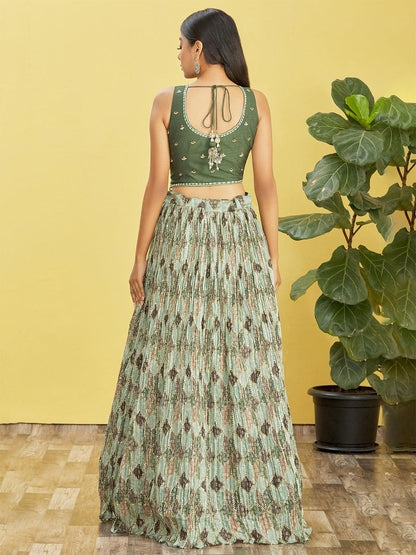 Odette Green Chinon Embellished Semi Stitched Lehenga With Unstitched Blouse For Women