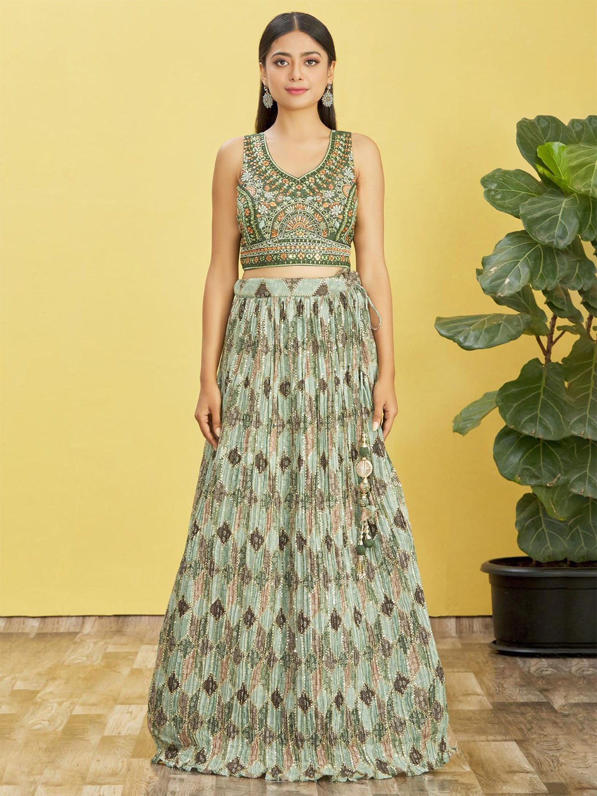 Odette Green Chinon Embellished Semi Stitched Lehenga With Unstitched Blouse For Women