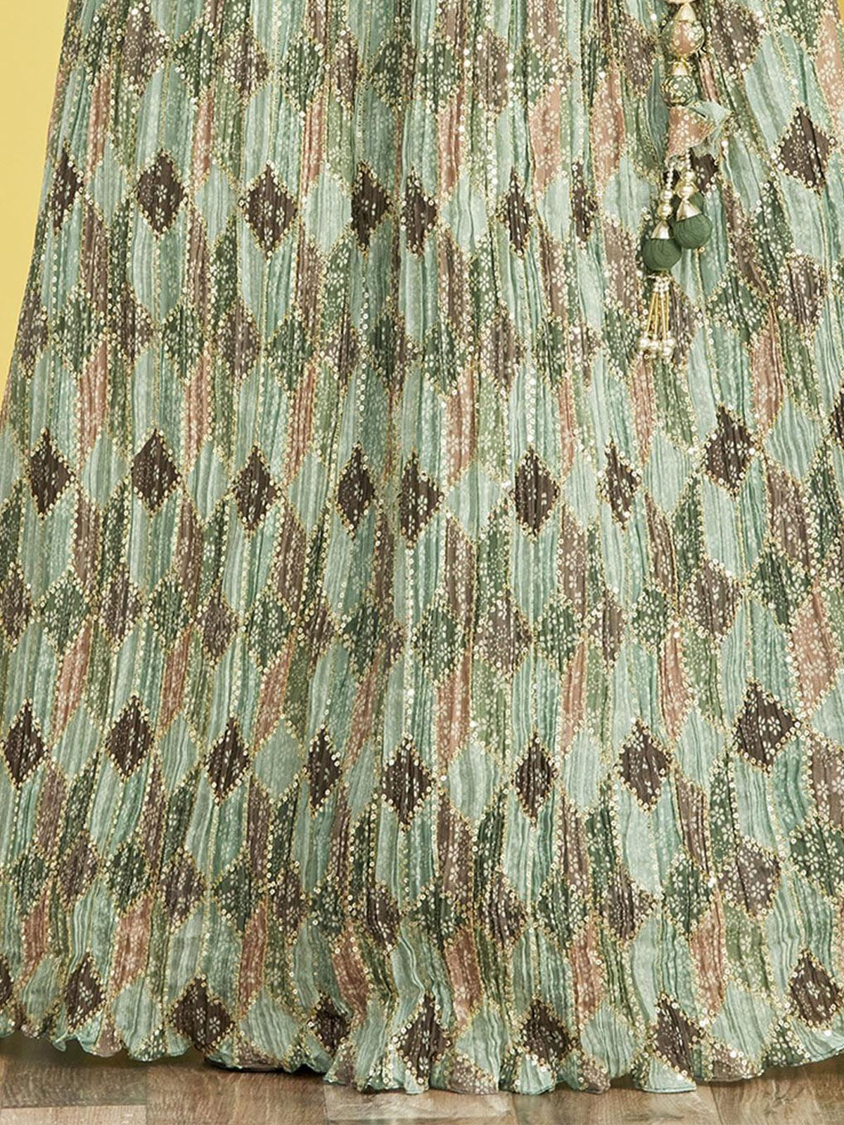 Odette Green Chinon Embellished Semi Stitched Lehenga With Unstitched Blouse For Women