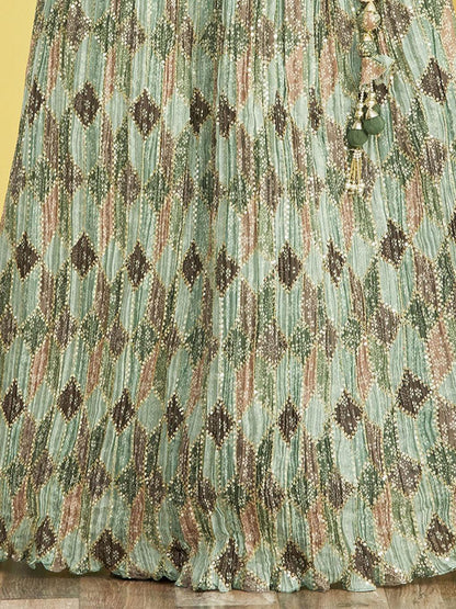 Odette Green Chinon Embellished Semi Stitched Lehenga With Unstitched Blouse For Women