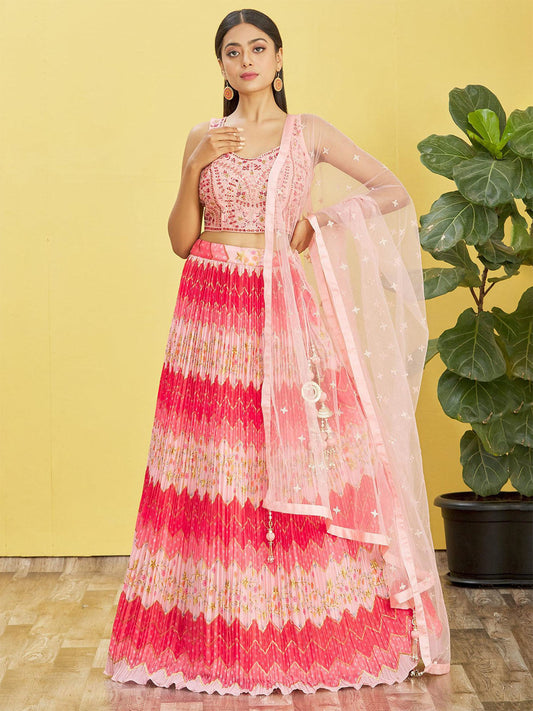Odette Pink Chinon Embellished Semi Stitched Lehenga With Unstitched Blouse For Women