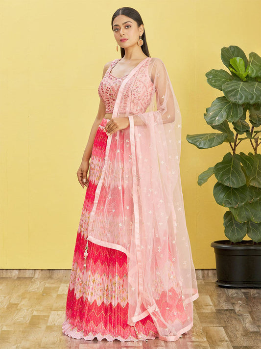 Odette Pink Chinon Embellished Semi Stitched Lehenga With Unstitched Blouse For Women