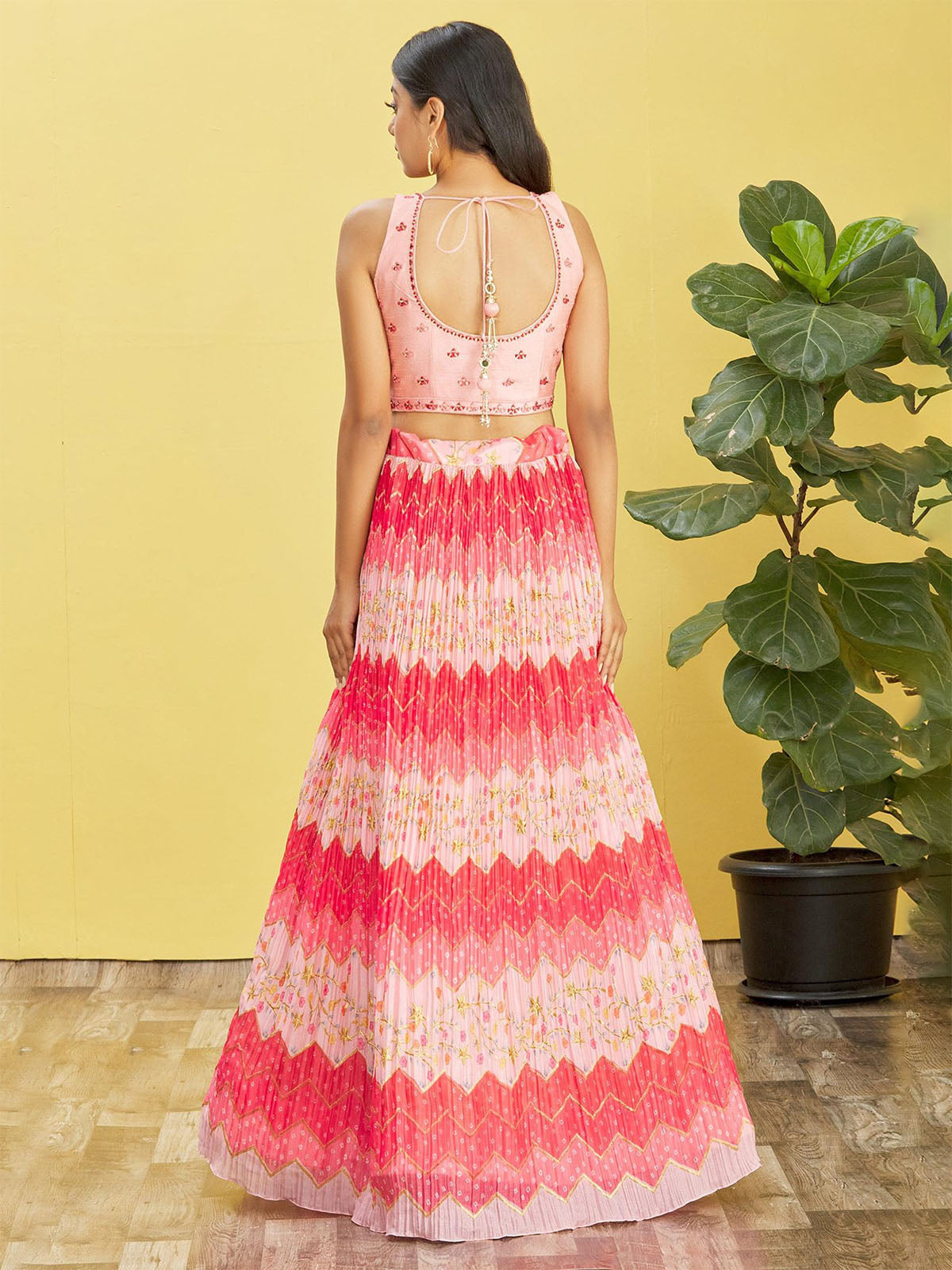 Odette Pink Chinon Embellished Semi Stitched Lehenga With Unstitched Blouse For Women