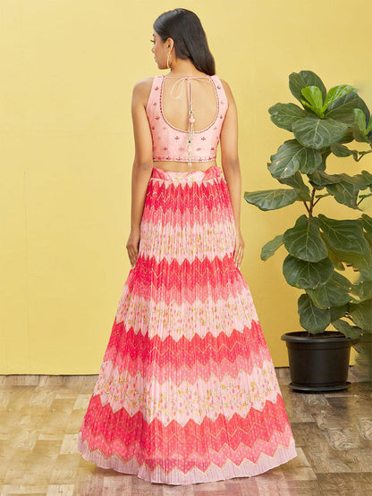 Odette Pink Chinon Embellished Semi Stitched Lehenga With Unstitched Blouse For Women