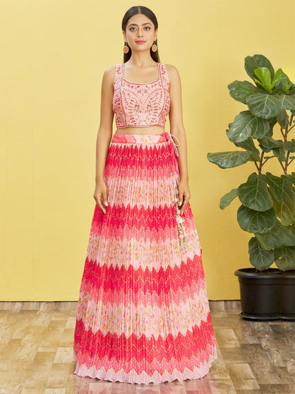 Odette Pink Chinon Embellished Semi Stitched Lehenga With Unstitched Blouse For Women