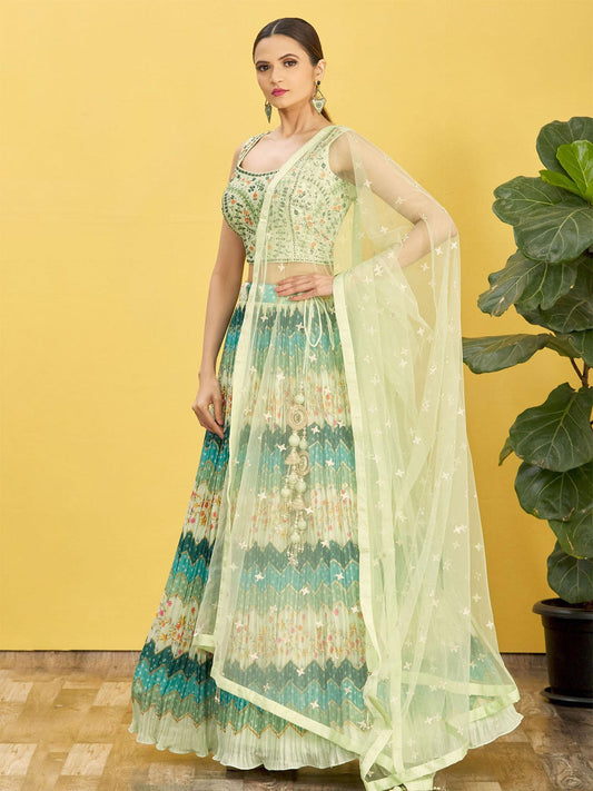 Odette Light Green Chinon Embellished Semi Stitched Lehenga With Unstitched Blouse For Women