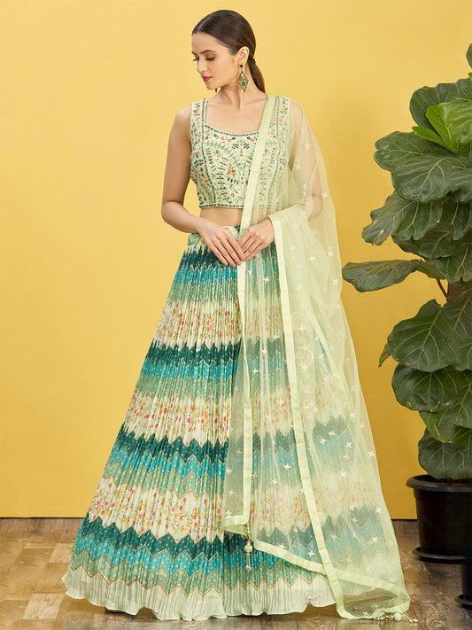 Odette Light Green Chinon Embellished Semi Stitched Lehenga With Unstitched Blouse For Women