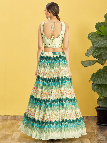 Odette Light Green Chinon Embellished Semi Stitched Lehenga With Unstitched Blouse For Women