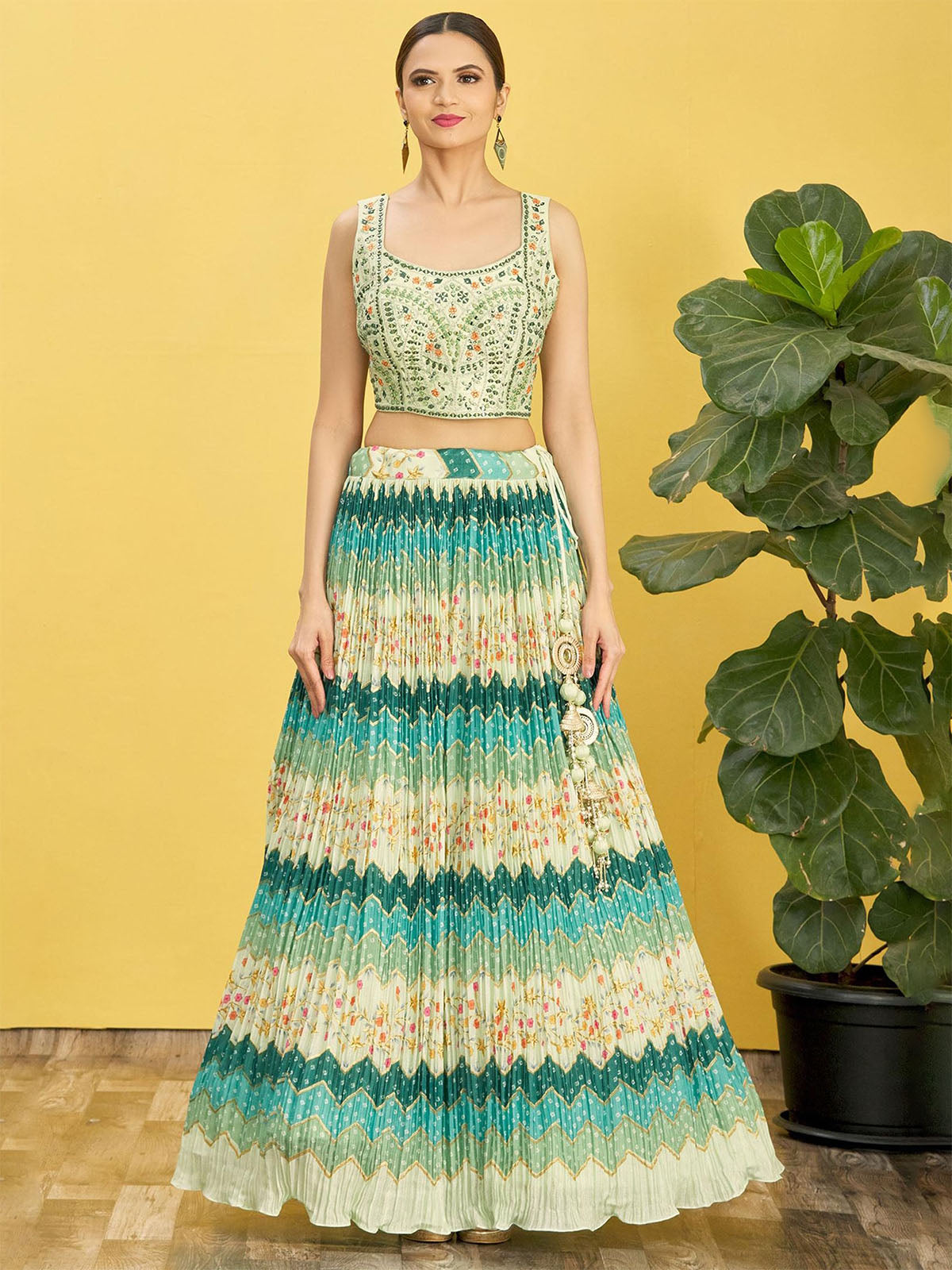 Odette Light Green Chinon Embellished Semi Stitched Lehenga With Unstitched Blouse For Women