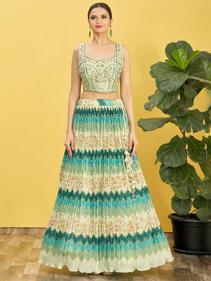 Odette Light Green Chinon Embellished Semi Stitched Lehenga With Unstitched Blouse For Women