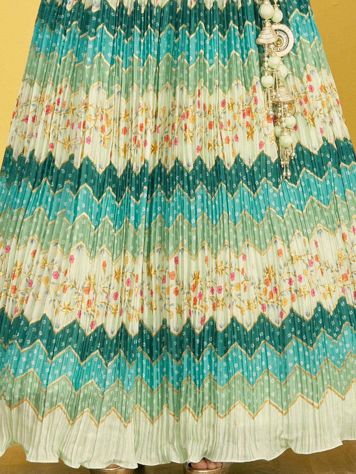 Odette Light Green Chinon Embellished Semi Stitched Lehenga With Unstitched Blouse For Women