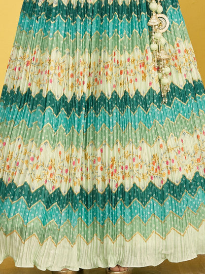 Odette Light Green Chinon Embellished Semi Stitched Lehenga With Unstitched Blouse For Women