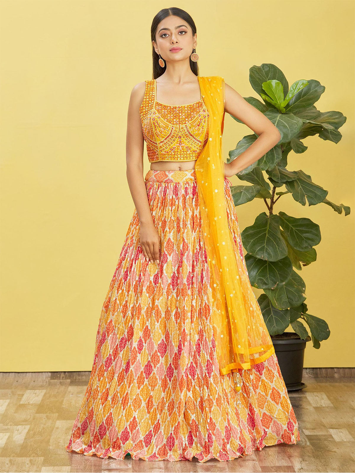 Odette Yellow Chinon Embellished Semi Stitched Lehenga With Unstitched Blouse For Women
