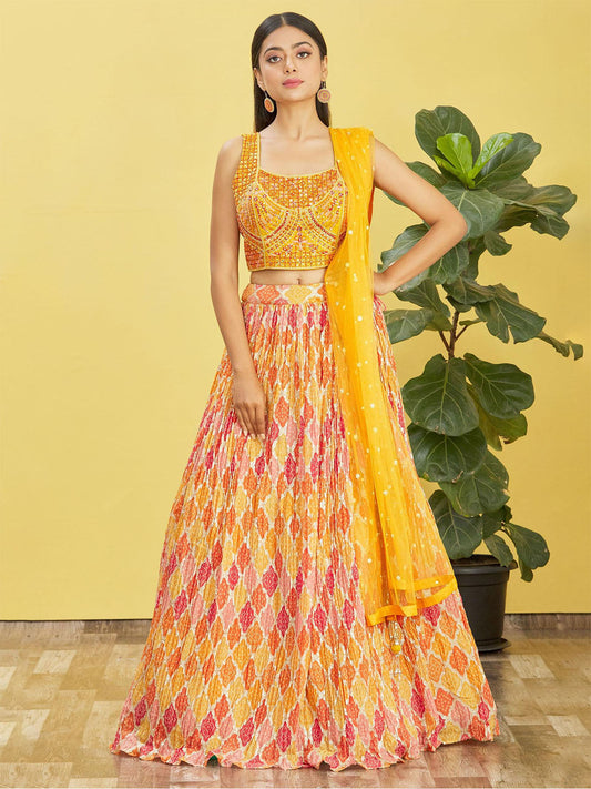 Odette Yellow Chinon Embellished Semi Stitched Lehenga With Unstitched Blouse For Women