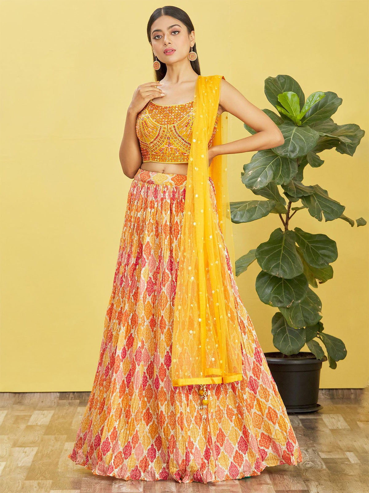 Odette Yellow Chinon Embellished Semi Stitched Lehenga With Unstitched Blouse For Women