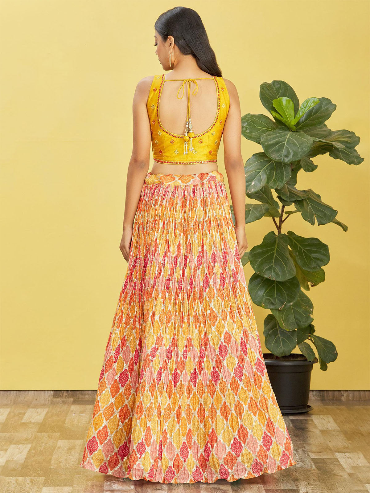Odette Yellow Chinon Embellished Semi Stitched Lehenga With Unstitched Blouse For Women