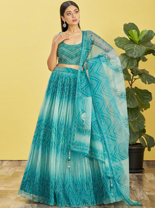 Odette Teal Organza Embellished Semi Stitched Lehenga With Unstitched Blouse For Women