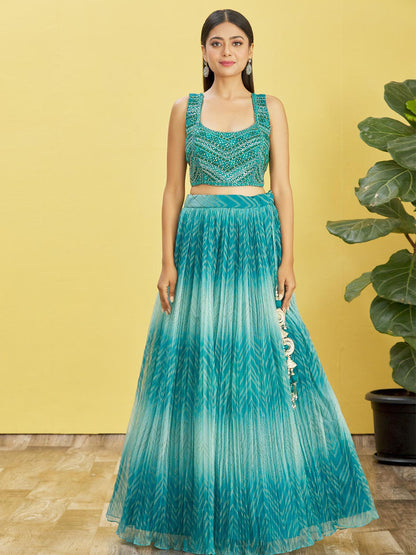 Odette Teal Organza Embellished Semi Stitched Lehenga With Unstitched Blouse For Women