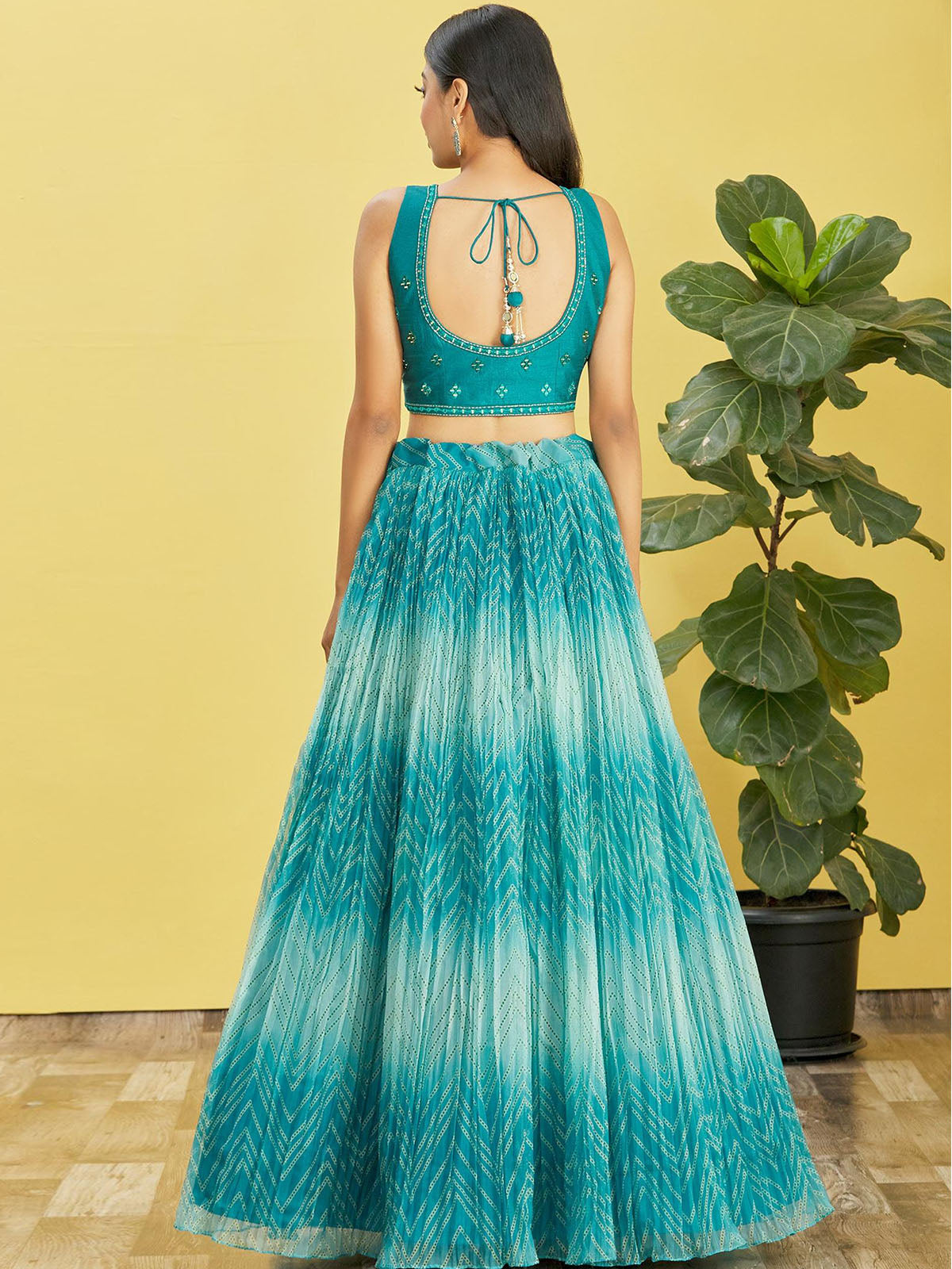 Odette Teal Organza Embellished Semi Stitched Lehenga With Unstitched Blouse For Women