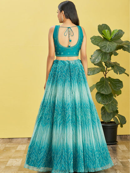 Odette Teal Organza Embellished Semi Stitched Lehenga With Unstitched Blouse For Women
