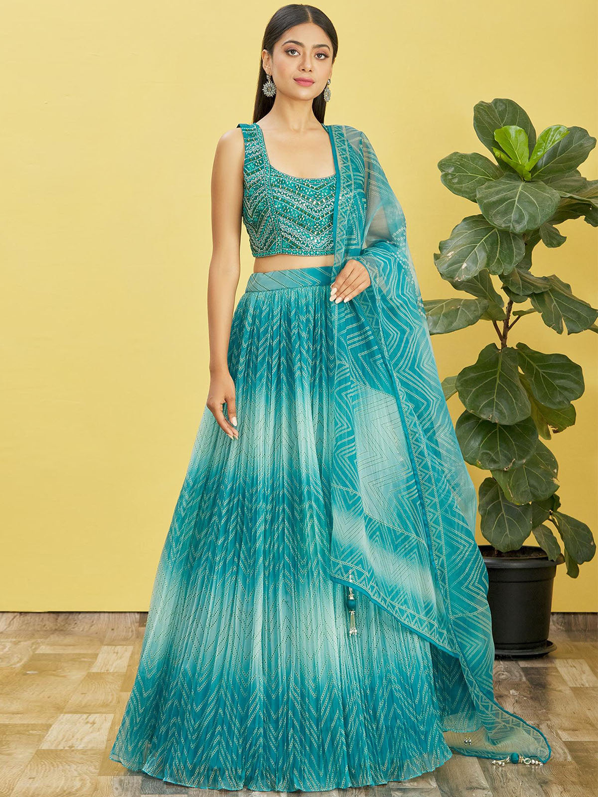 Odette Teal Organza Embellished Semi Stitched Lehenga With Unstitched Blouse For Women