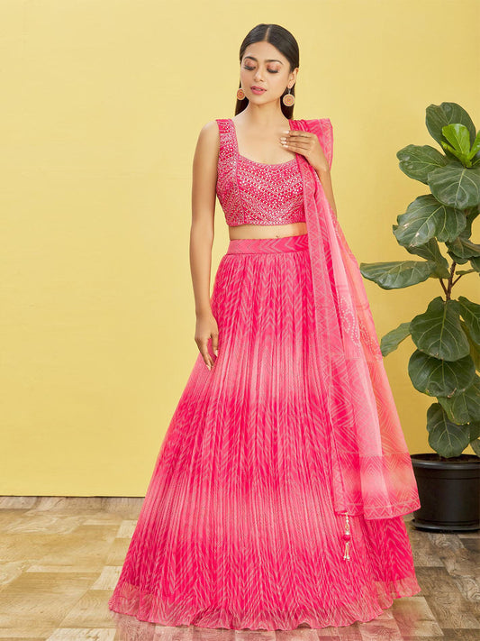 Odette Pink Organza Embellished Semi Stitched Lehenga With Unstitched Blouse For Women