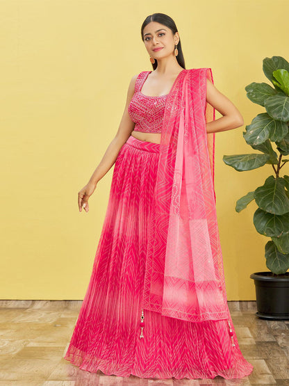 Odette Pink Organza Embellished Semi Stitched Lehenga With Unstitched Blouse For Women