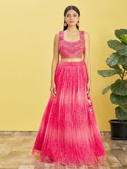 Odette Pink Organza Embellished Semi Stitched Lehenga With Unstitched Blouse For Women