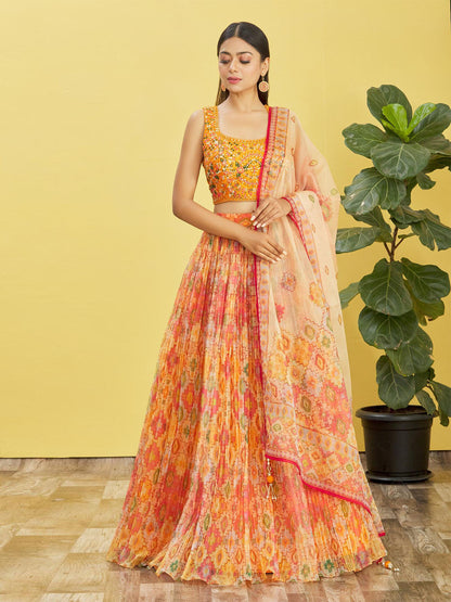 Odette Multicolor Organza Embellished Semi Stitched Lehenga With Unstitched Blouse For Women