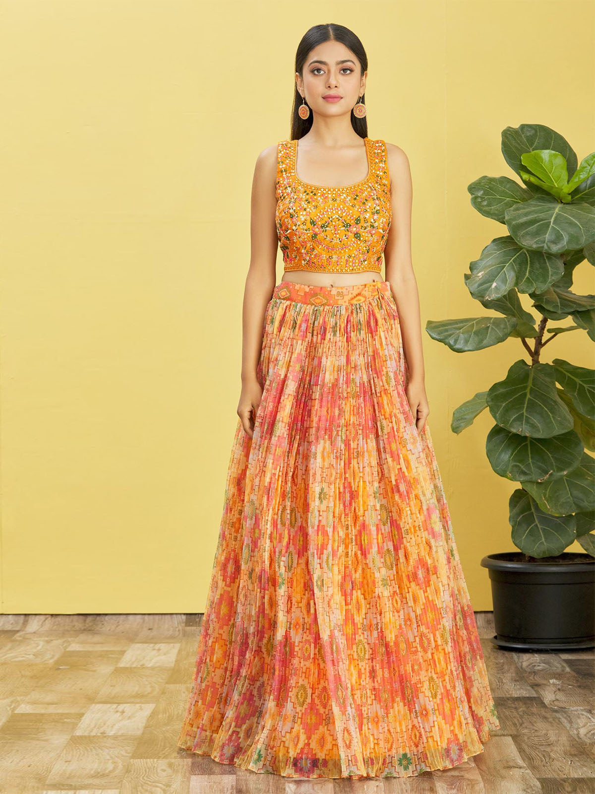 Odette Multicolor Organza Embellished Semi Stitched Lehenga With Unstitched Blouse For Women